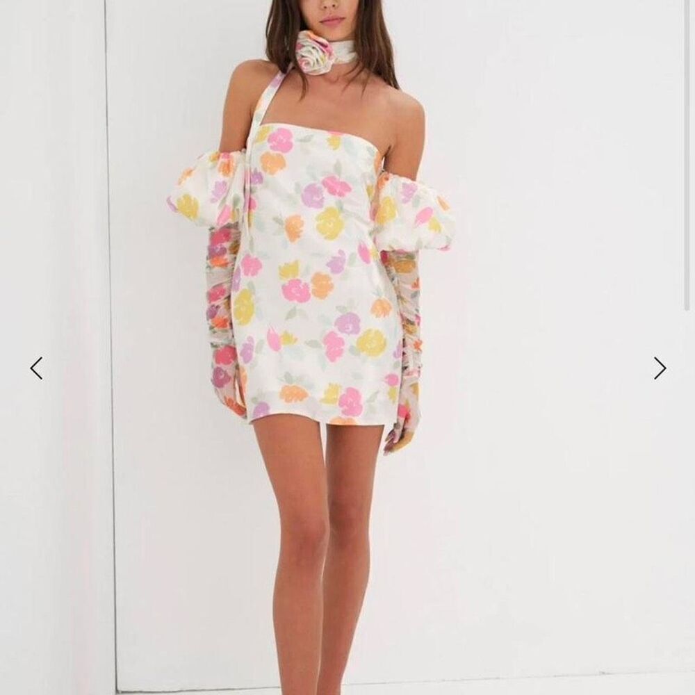 NWT For Love & Lemons Hazel White Floral Mini Dress With Gloves Size Small